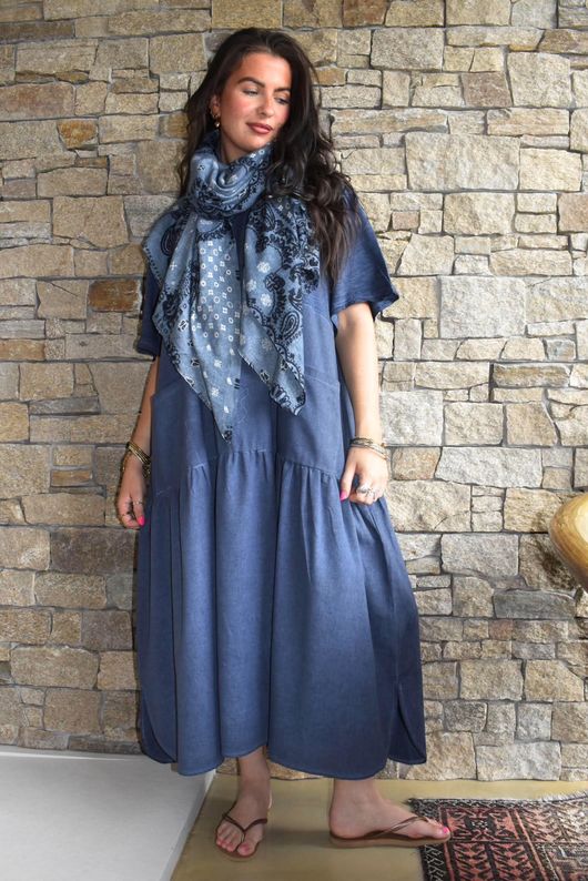 Rustic Nature Linen Blend Smock T Shirt Dress Washed Navy